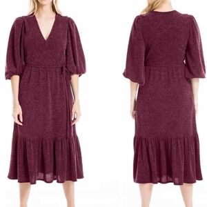 Max Studio Surplice Balloon Sleeve Faux Wrap Midi Dress Size Medium